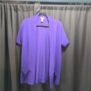 Chicos Purple Short Sleeve Open Front Cardigan Sweater Pockets Size 0/ Small
